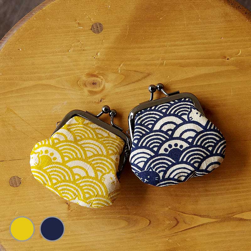 お賽銭用がま口/福猫青海波(黄色/青)