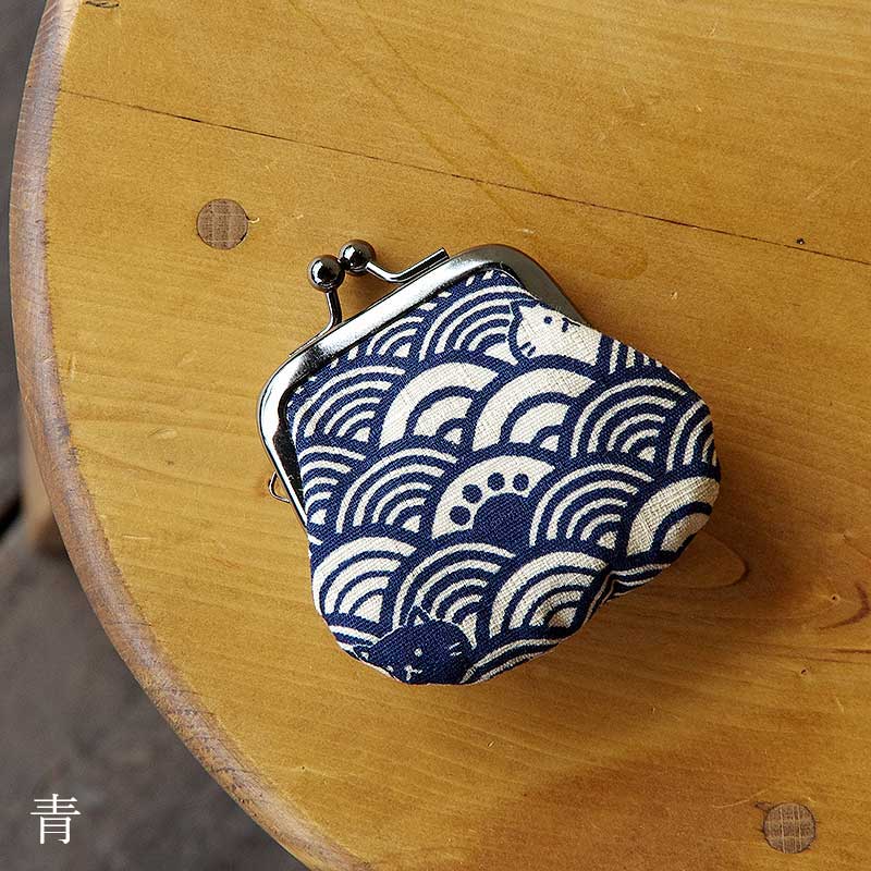 お賽銭用がま口/福猫青海波(黄色/青)