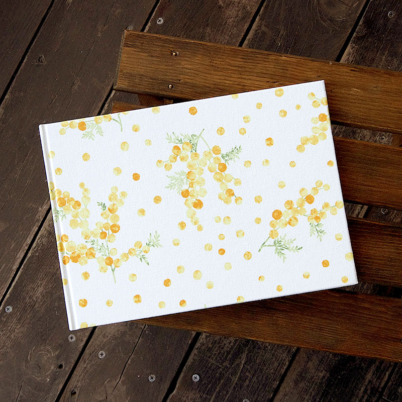 《ネコポス送料無料》 書き置き御朱印専用/見開きサイズ御朱印ホルダー/水彩風ミモザ(白/紺)