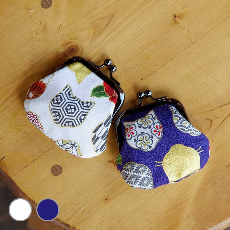 お賽銭用がま口財布/ 椿と和柄猫顔(紺紫/キナリ)