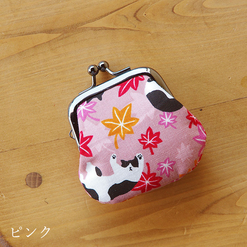 お賽銭用がま口/ ハチワレ猫紅葉(ピンク/キナリ)