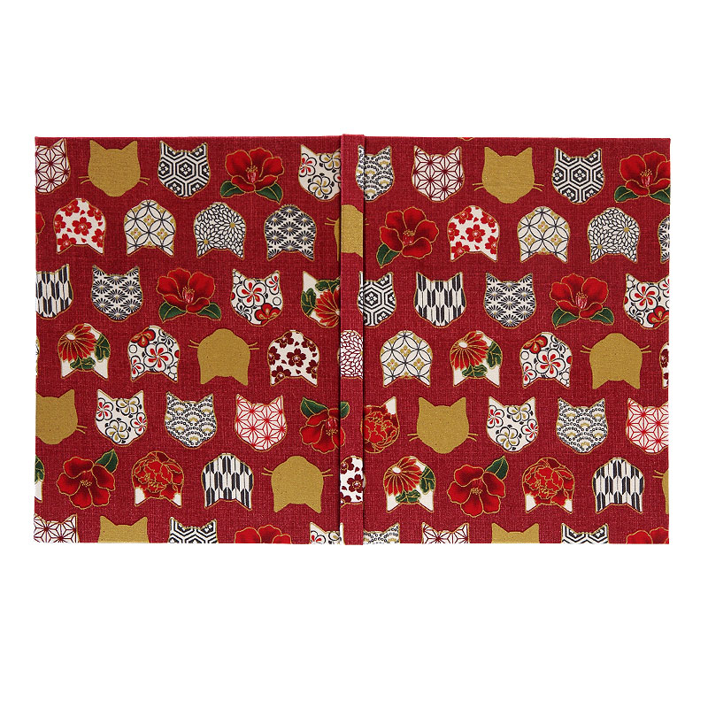 《ネコポス送料無料》 【書き置き御朱印専用】御朱印ホルダー/椿と和柄猫顔(赤/黒/白)