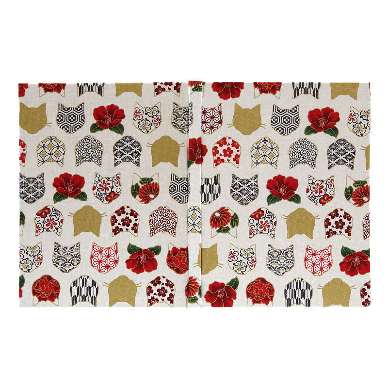 《ネコポス送料無料》 【書き置き御朱印専用】御朱印ホルダー/椿と和柄猫顔(赤/黒/白)