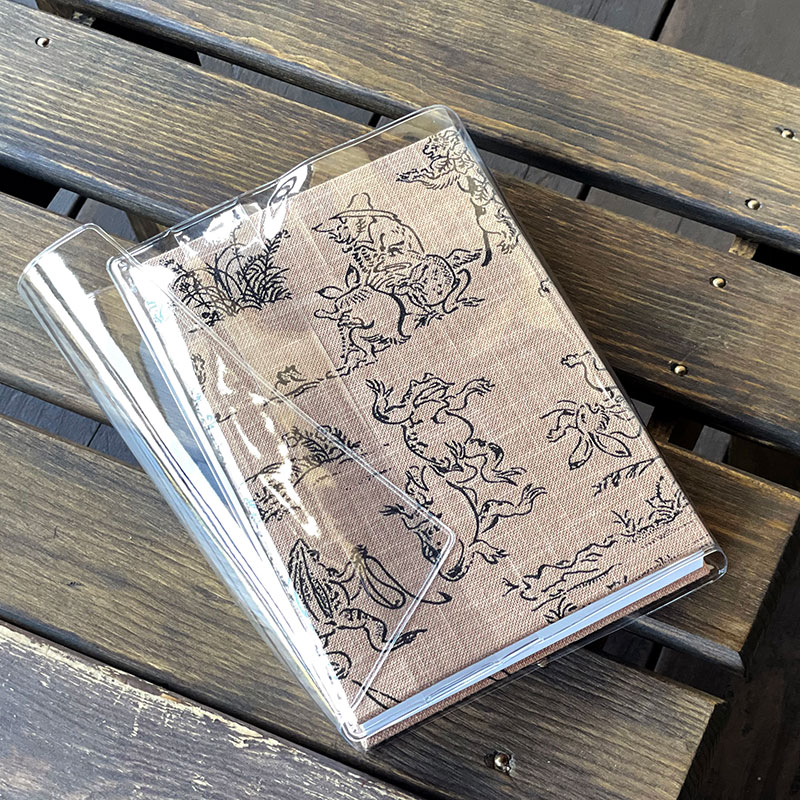 【八十八ヶ所納経帖】鳥獣戯画(薄茶)ビニールカバー付 表題ラベル付 大判 蛇腹